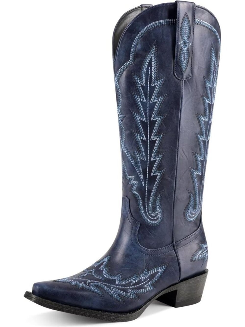 Women's Blue Knee High Cowgirl Boots Wide Calf Retro Chunky Heel Pointed Toe